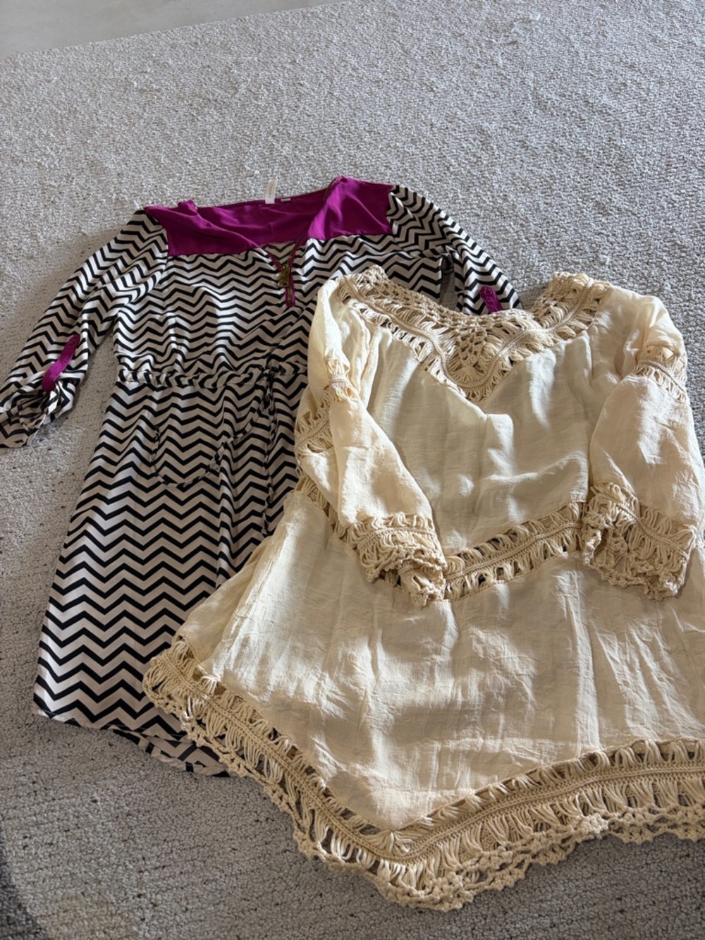Tacera Fuchsia Zip-Accent Dress with Black Chevron Lining and Cream Boho coverup